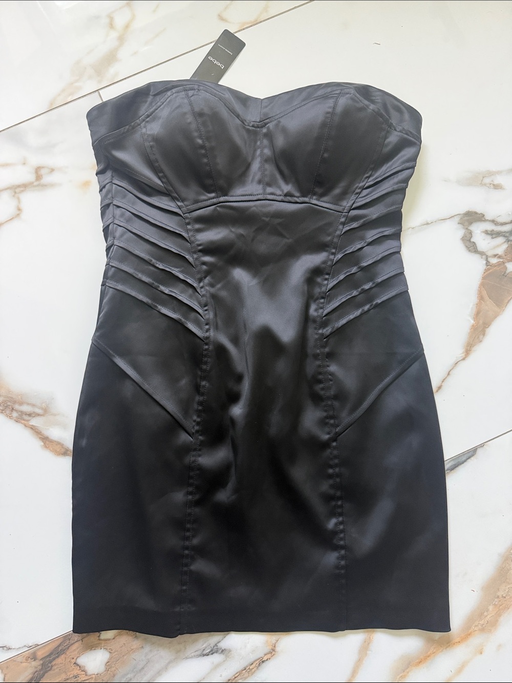 bebe Strapless Black Satin Cocktail Dress
